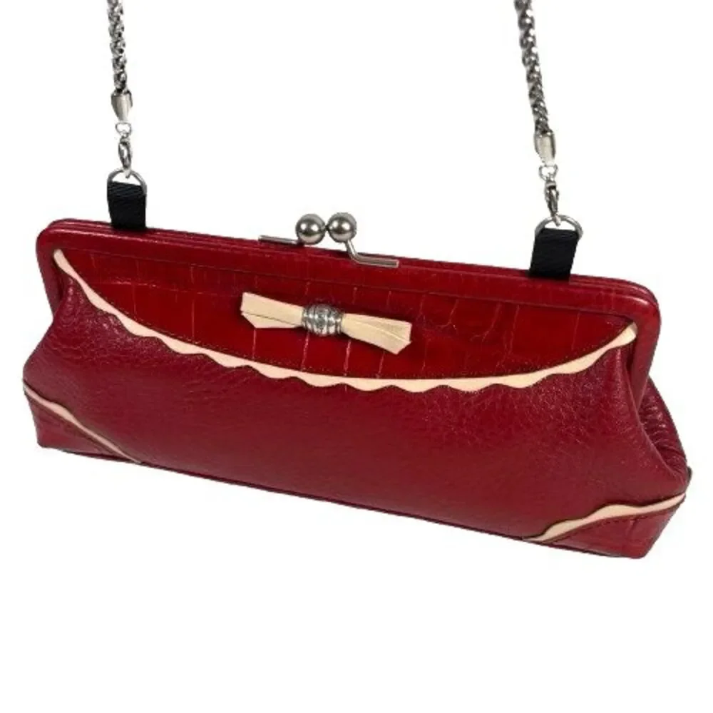 Brighton Red Pebbled & Croc Leather Crossbody Evening Bag Clutch Chain Strap - Picture 3 of 16